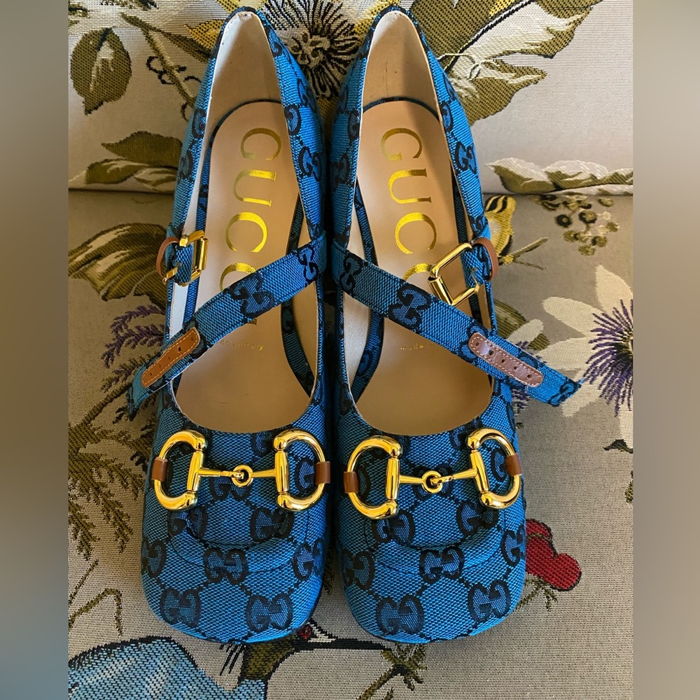 Bright blue Gucci Mary Janes